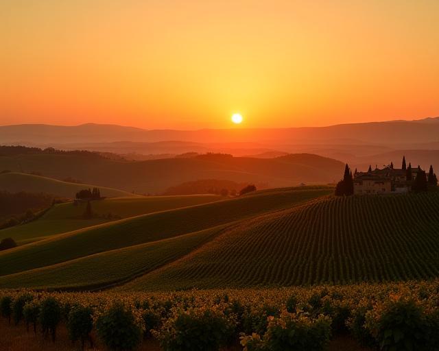 Tramonto sui vigneti del Chianti in Toscana